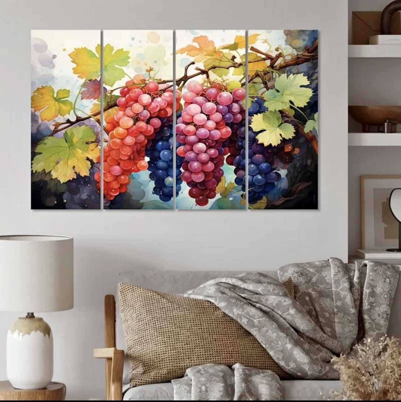 60x28 Designart "Pink Purple Food Grapes Vineyards Pointillism" Vineyard Wall Art