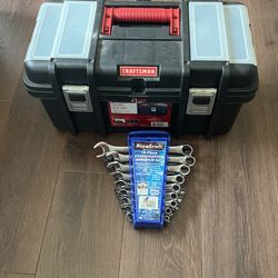 Craftsman 19” wide tool box 951029 + King Craft 17 piece combination wrench set + other misc. tools