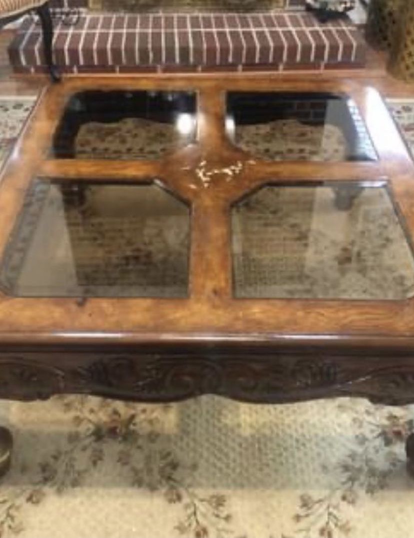Hand carved antique style coffee table and two end tables