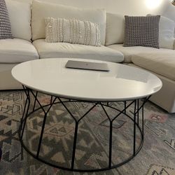 Modern Round Coffee Table – White Top + Black Metal Base