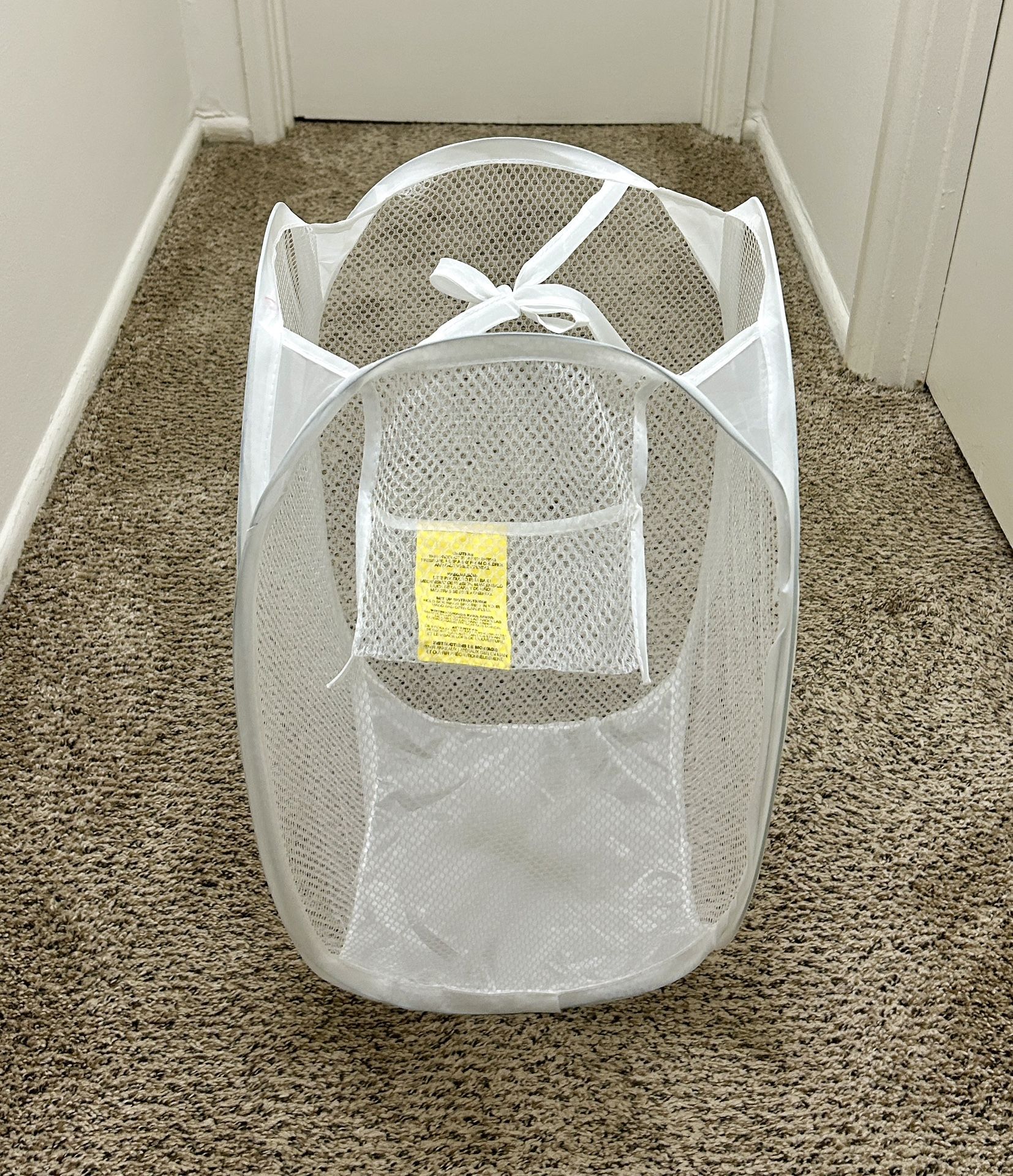 Small White Collapsible Mesh Hamper Laundry Basket with Pocket + Ties