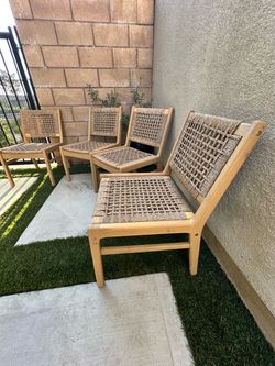 Set of 4 Wood and Woven Outdoor Chairs