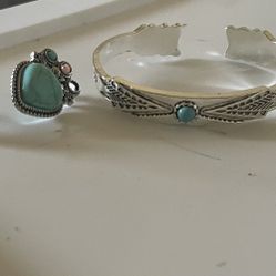 Earrings& Cuff Bracelet W Torquoise Stone Silver Plated