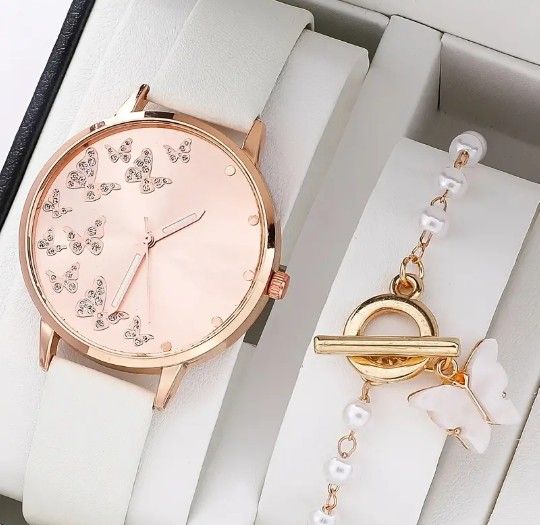 2-pc Butterfly Ladies Quartz Watch & Bracelet