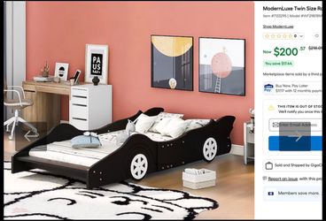 Black Twin Size Rac Car-Shaped Kids B Platform Bed with Wheels and Shelf