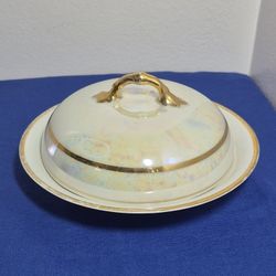Vintage Round Covered Butter Dish Pearlized White Porcelain with Gold Trim 