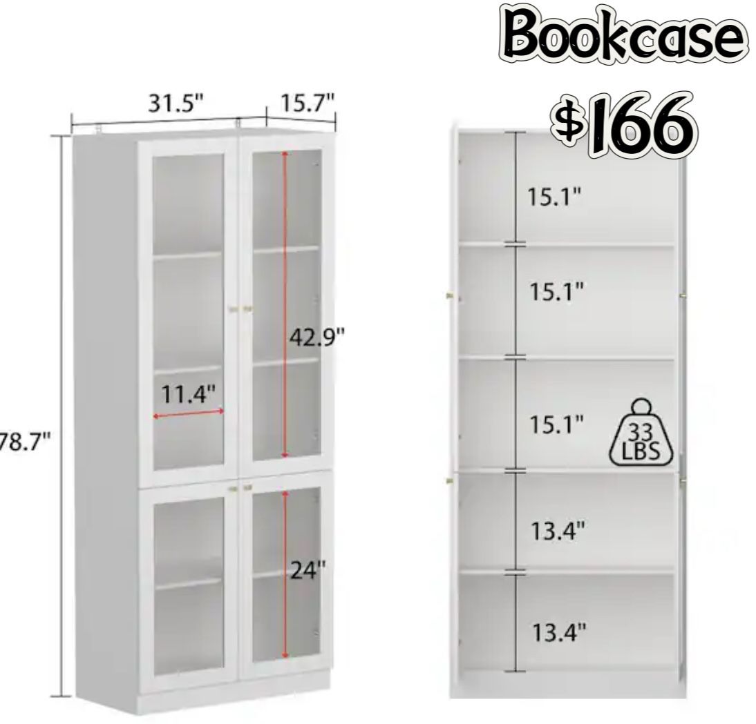 😀 FUFU&GAGA White Wood 31.5 in. W Sideboard Accent Storage Cabinet Bookcase with Acrylic Glass Doors