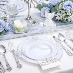 YOUBET 700PCS White and Silver Plastic Dinnerware Set for Wedding Party White and Silver Disposable Plates Include 200 Plates, 300 Heavy Duty Silverwa