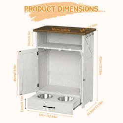 Dog Feeding Station with Storage Cabinet, Pet Feeder Station Cabinet with 3 Side Hooks, Raised 2 Elevated Dog Bowls & Hidden Pull-Out Drawer