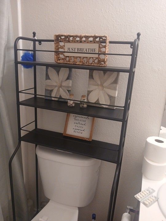 Restroom Decor/ Black Shelf W/ Decor