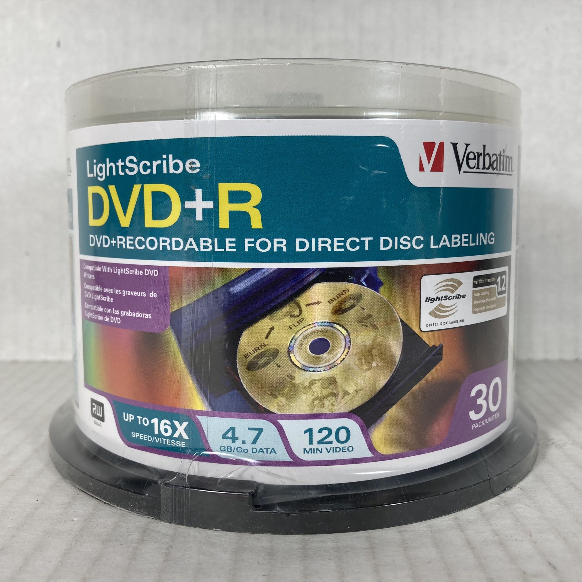 NEW Verbatim DVD+R LightScribe 4.7GB 16X 120 Min Blank Discs 30 Pack Sealed