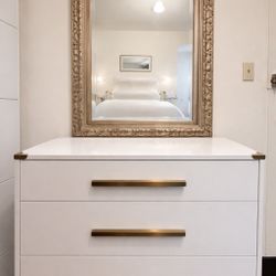 Modern White 3 Drawer Dresser + Gold Frame Mirror Set