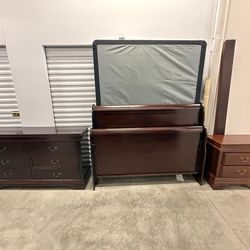 Dark Wood Sleigh Queen Bed Frame & Matching Dresser