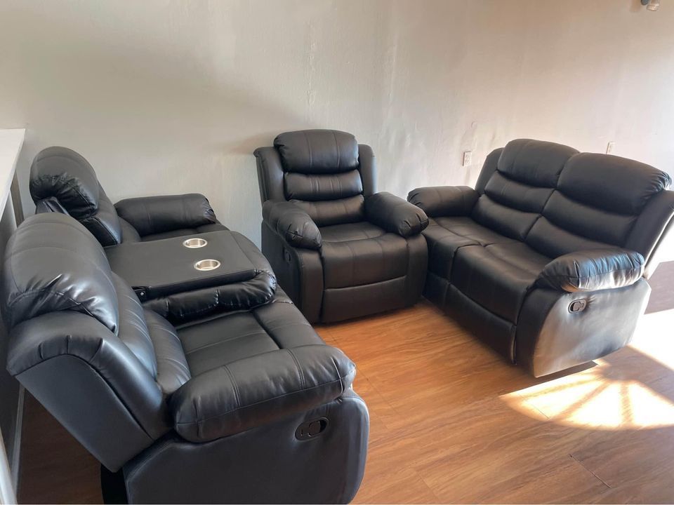 Brand New Leather Black Recliner Sofa + Loveseat + Chair
