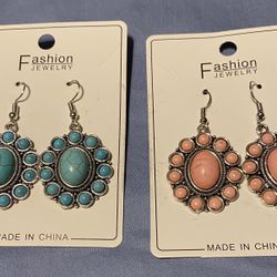 New 2 earring sets western-style dangle earrings, featuring a scalloped metal frame surrounding faux stones in turquoise and pink (coral) colors