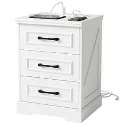 2 Nightstand for bedroom, White Farmhouse End Table with Charging Station, 3 Drawers Storage