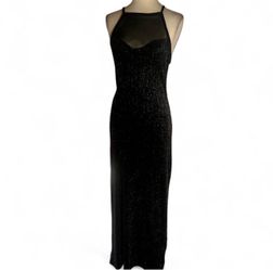 Black Glitter Mesh Halter Maxi Dress