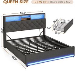 🥨Queen Bed Frame with Hidden Storage Headboard & 4 Drawers, LED Bed Frame Queen Size with Charging Station, Upholstered Metal Bed, No Box Spring Need