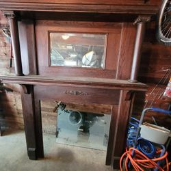 Antique Wood Mantle W/ Beveled Mirror