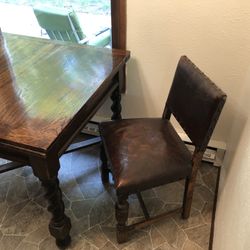 Antique Table And Wood/Leather chairs And Table-the Table Extends