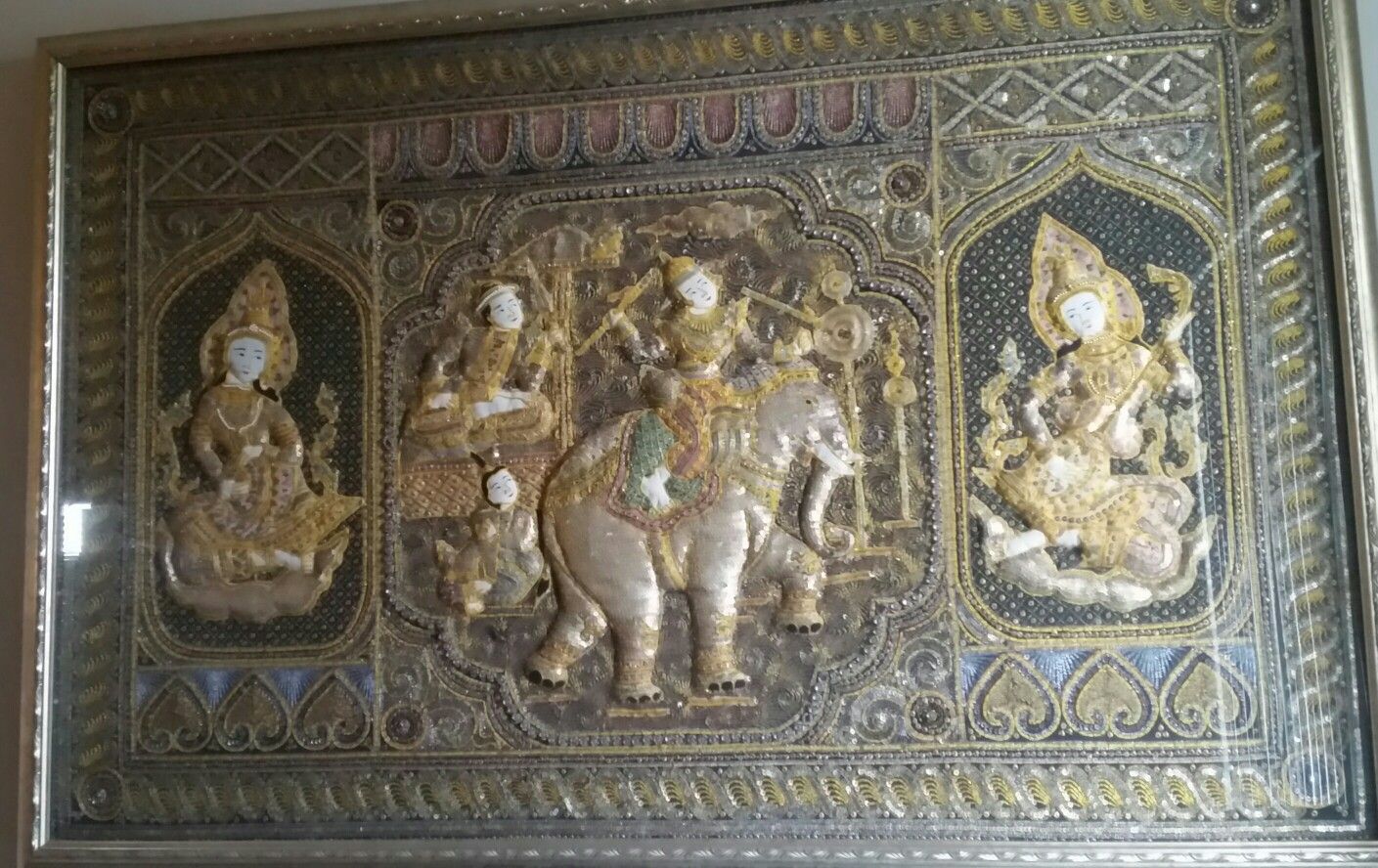 Handcrafted Antique Gold and Silver Beaded Asian Embroidered Tapestry