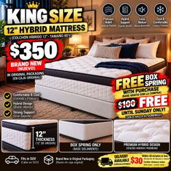 KING 12” HYBRID MATTRESS $350 + FREE BOX SPRING 🔥 THIS WEEKEND ONLY