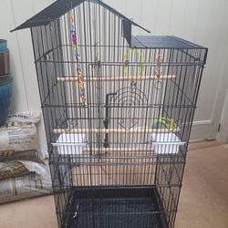 Large Black Bird Cage with Play Top & Accessories