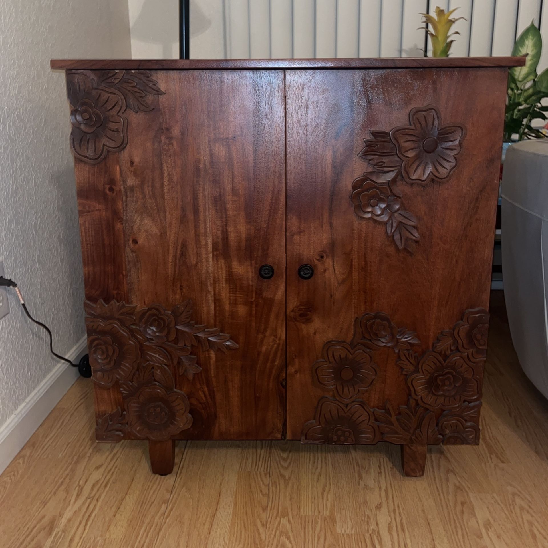 Carved Flowers Wood Cabinet