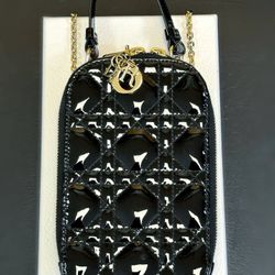 Lady Dior Call'in Dior Phone Holder Crossbody Black Patent Cannage Calfskin phone case mini bag full set