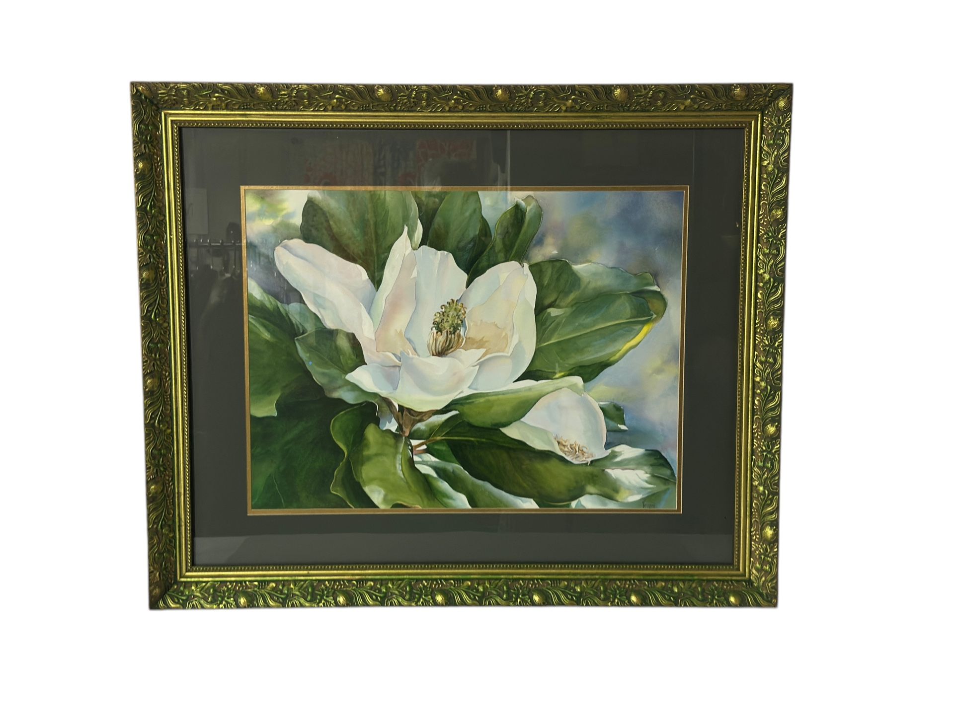 Cedarcreek White Magnolia Framed Wall Art Print, Green & Gold Frame Home Decor 32”x28”