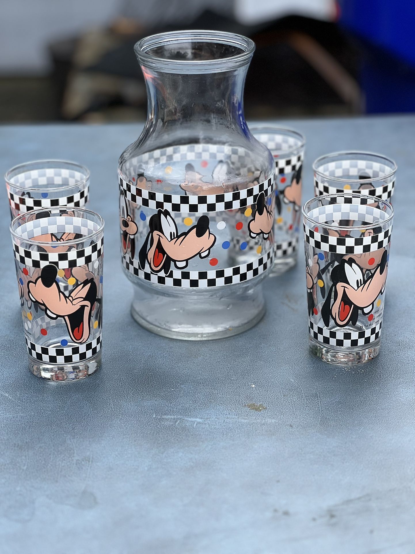 Vintage Anchor Hocking Walt Disney Goofy Carafe And 5Glasses