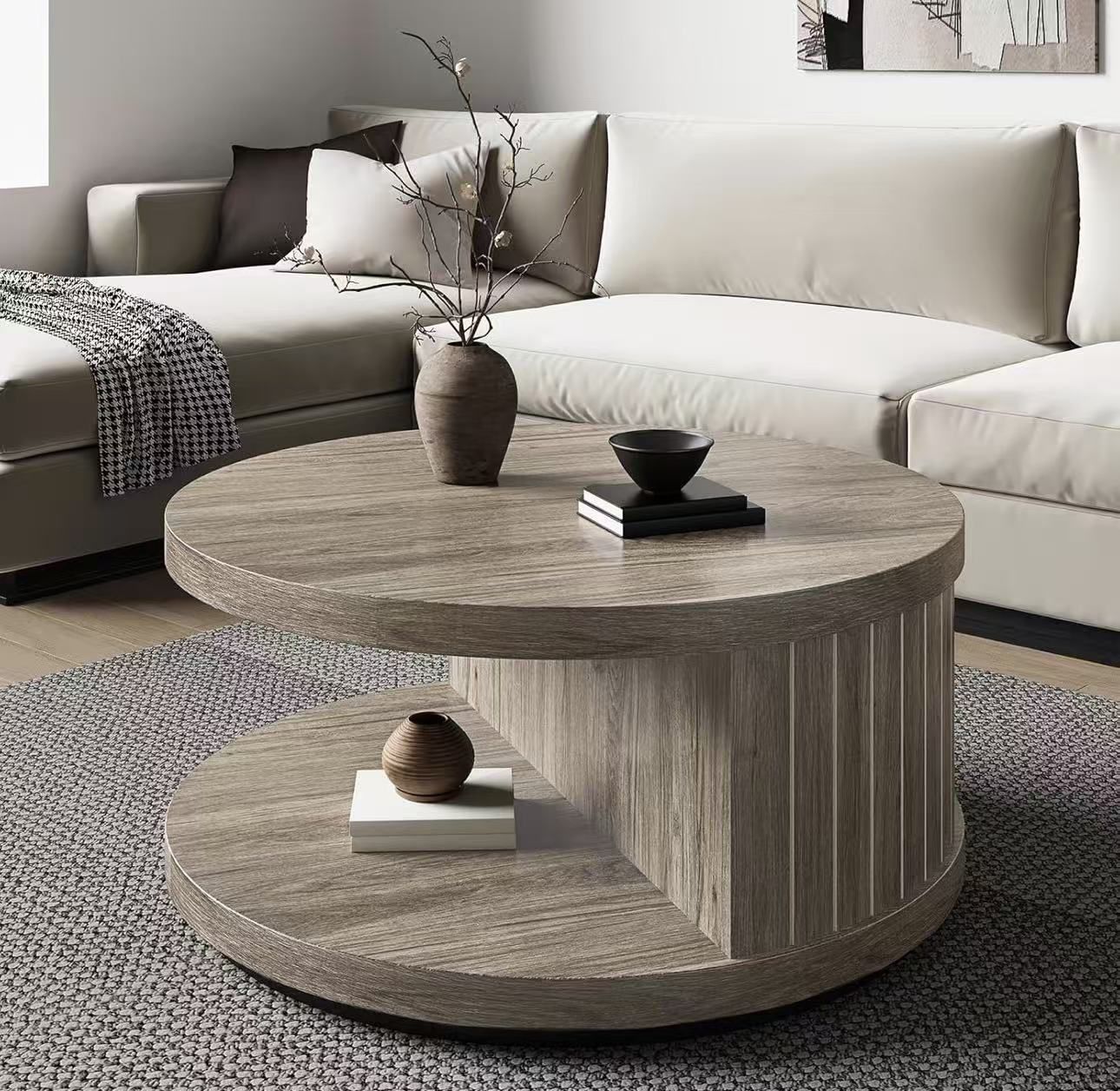 31-Inch Round Wood Coffee Table with Shelf $100