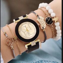 GREAT  GIFT 🎁 PINEAPPLE Black CZ Strap Watch Bracelet 4 Other Bracelets *See My Other 800 Items*