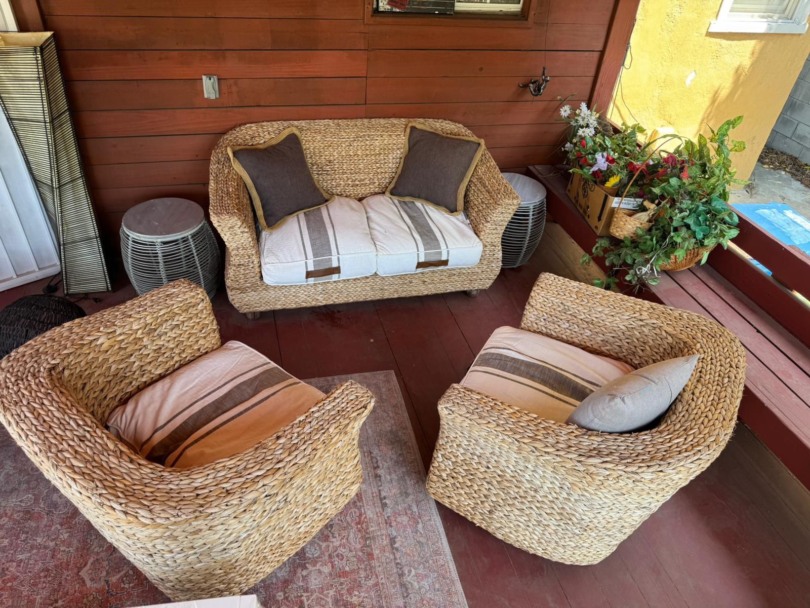 Beautiful wicker indoor / terrace sofa set: Loveseat and 2 armchairs with pillows $750