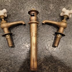 Brass Faucets W/ Porcelain Cross Handles & Drain