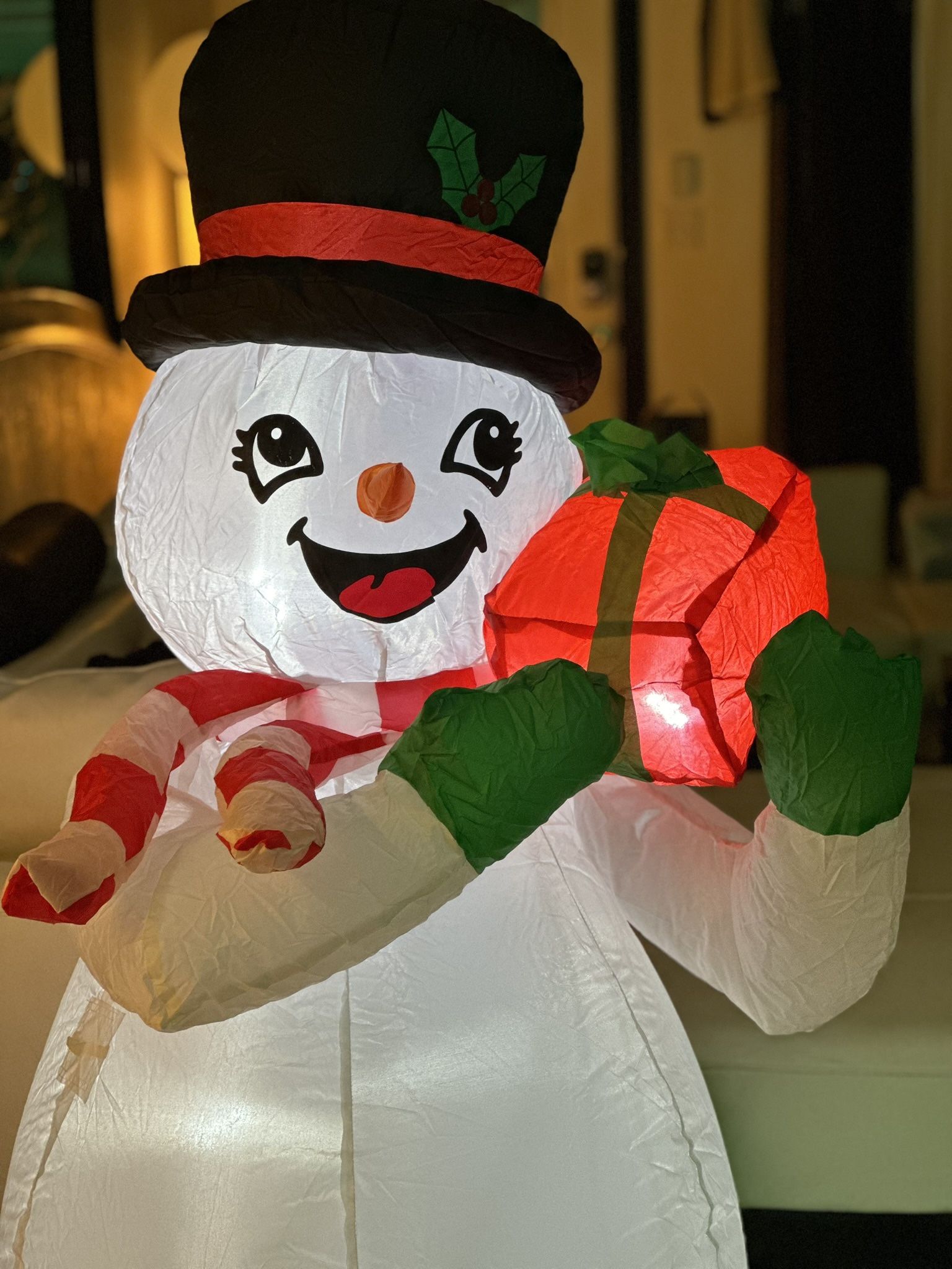 Brighten your celebration with this 5 Ft inflatable LED light up Christmas snowman for indoor and outdoor use