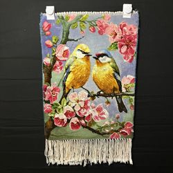 Persian Pictorial Rug Hand Knotted Birds & Flowers w/Silk 21”x15” w/Rug Hangers