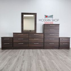 DRESSER WITH MIRROR, CHEST AND TWO NIGHSTANDS 
