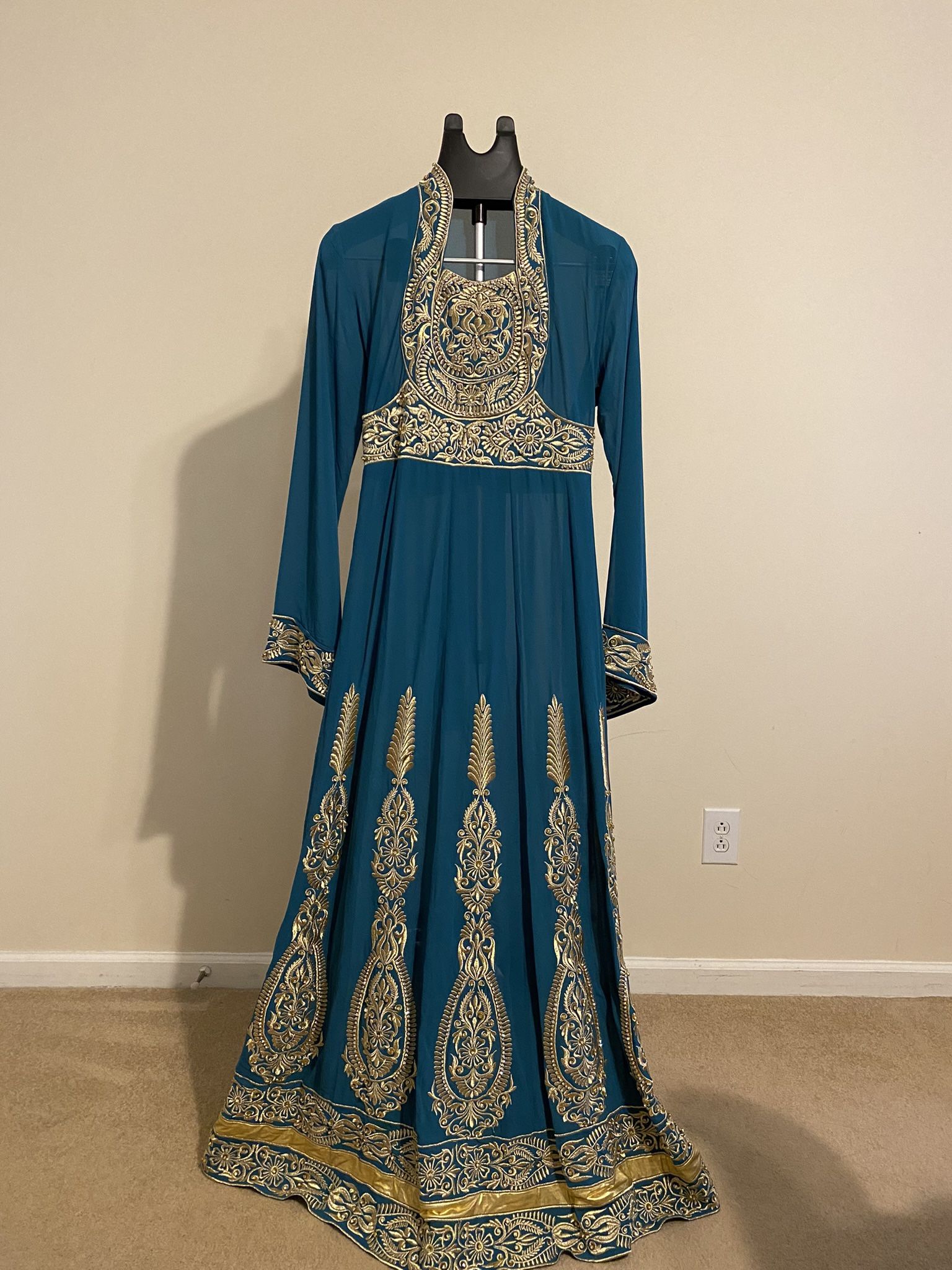 Teal And Gold Embroidered Dress Size 2