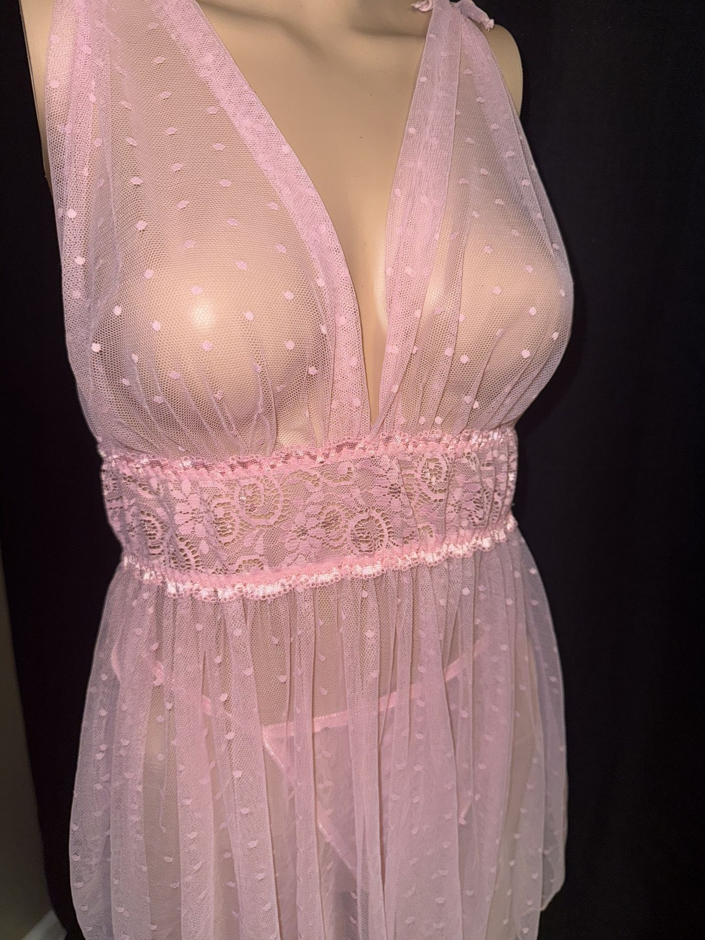 Polka Dots Mesh Sheer Lace Babydoll Chemise Lingerie Set Floral Sleep Wear