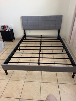Gray Upholstered Platform Bed Frame with Headboard