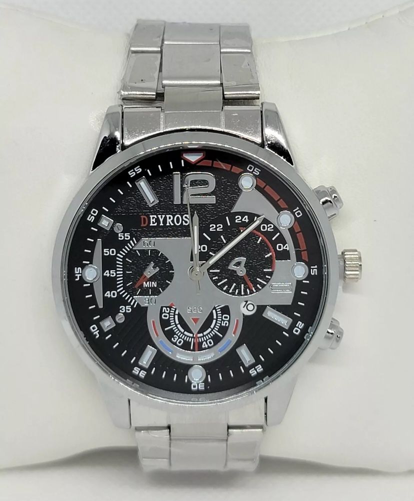 Mens Deyros Fashion Casual Classic Silver Tone Black Silver Dial Date Watch E2