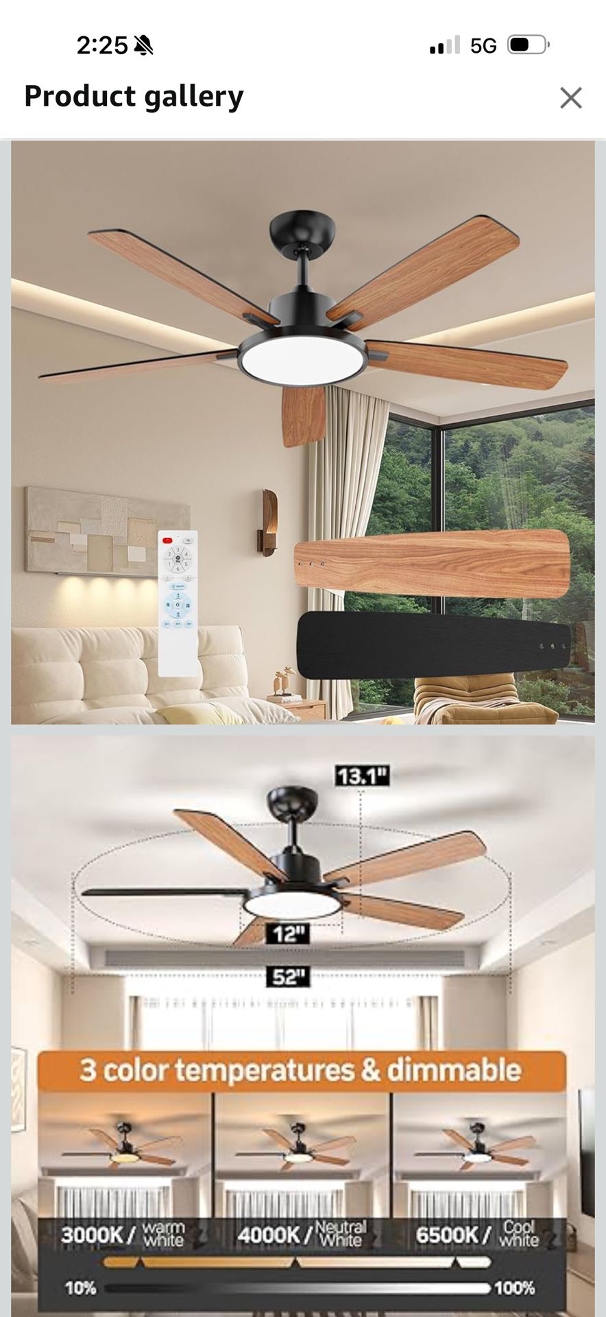 TALOYA 52 Inch Black Ceiling Fans with Lights Led Remote Control Flush Mount Low Profile for Bedroom Living Dining Room Outdoor Farmhouse Patio,Revers