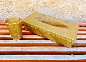 Mid-Century Vintage Plastic Gold Glitter Speckled Scalloped Edge Tissue Box Holder With Matching Cup