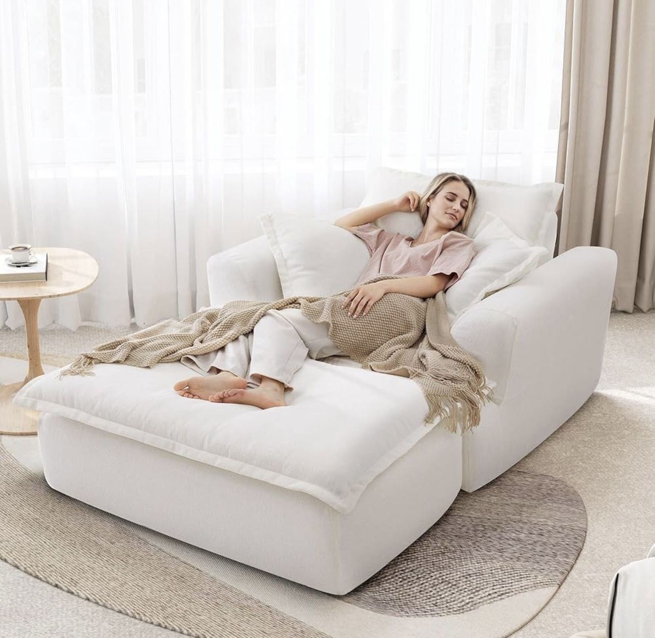 50" Oversized Chaise Lounge Sofa Bed, Recliner Chair with Ottoman for Living Room, Small Space, Cloud Comfort, Chenille Upholstered, White