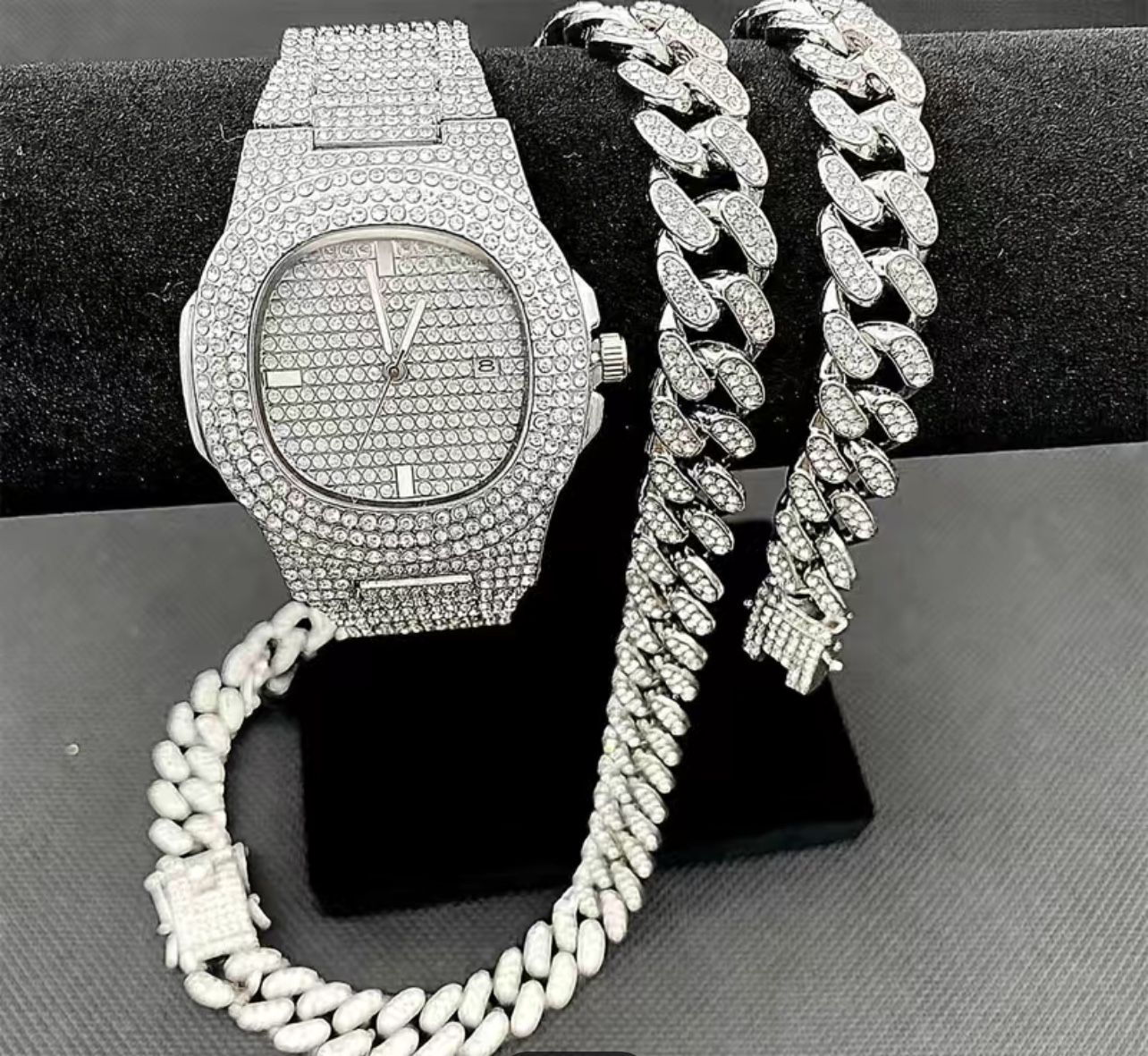 Rhinestone Watch And Cuban Necklace And Bracelet