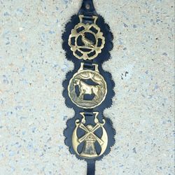 Vintage Brass Horse 3-Medallions/Leather Strap 