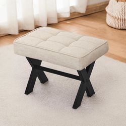 Foot Stool, 12”H Small Foot Stools Ottoman, Sturdy Linen Footstool with Metal X-Leg, Padded Foot Rest Step Stool Extra Seating for Living Room, Bedroo