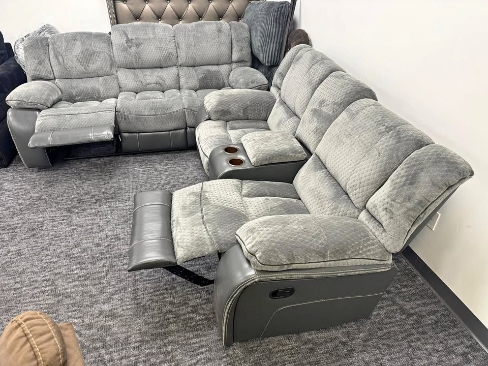Brand New Grey Fabric Recliner Sofa + Loveseat + Chair W/ Cup Holders | Cash On Delivery 