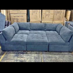 Blue Sectional Couch with Ottoman